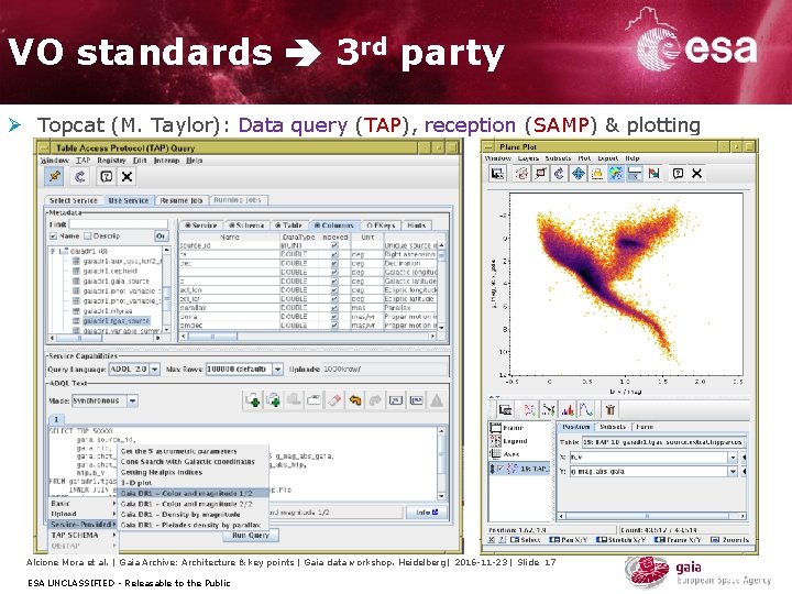 VO standards 3 rd party Ø Topcat (M. Taylor): Data query (TAP), reception (SAMP) VO standards 3 rd party Ø Topcat (M. Taylor): Data query (TAP), reception (SAMP)