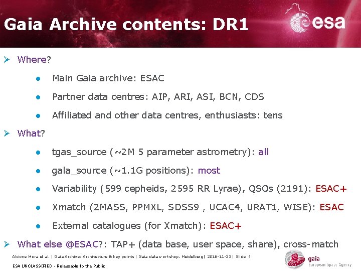 Gaia Archive contents: DR 1 Ø Where? ● Main Gaia archive: ESAC ● Partner Gaia Archive contents: DR 1 Ø Where? ● Main Gaia archive: ESAC ● Partner