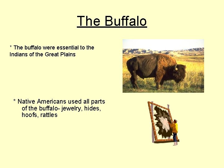The Buffalo * The buffalo were essential to the Indians of the Great Plains