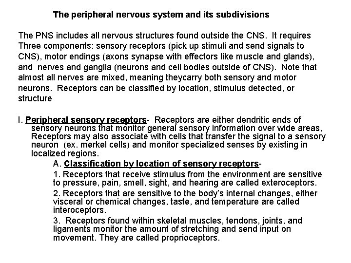 The peripheral nervous system and its subdivisions The PNS includes all nervous structures found