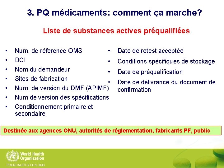 3. PQ médicaments: comment ça marche? Liste de substances actives préqualifiées • • Num.