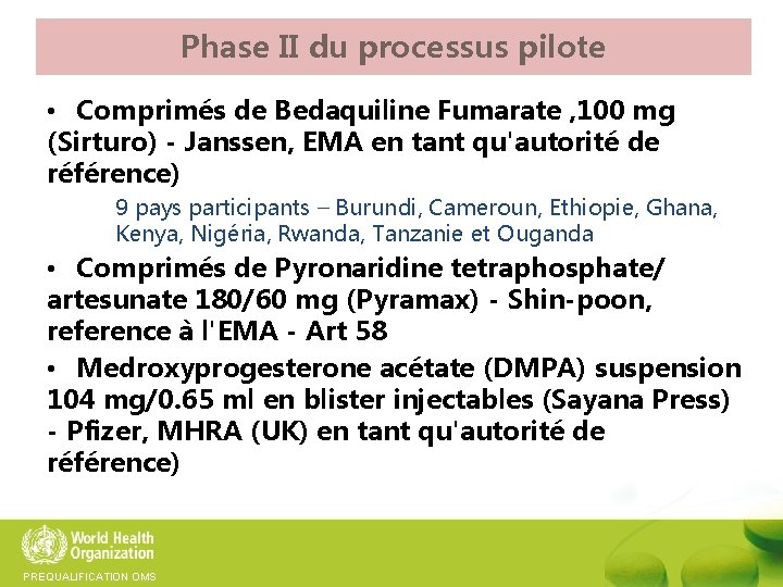 Phase II du processus pilote • Comprimés de Bedaquiline Fumarate , 100 mg (Sirturo)