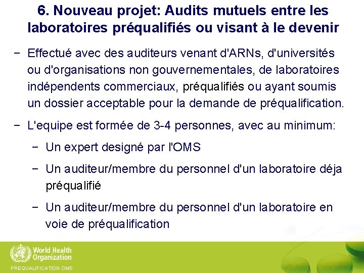 6. Nouveau projet: Audits mutuels entre les laboratoires préqualifiés ou visant à le devenir