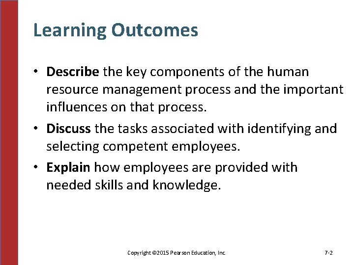 Learning Outcomes • Describe the key components of the human resource management process and