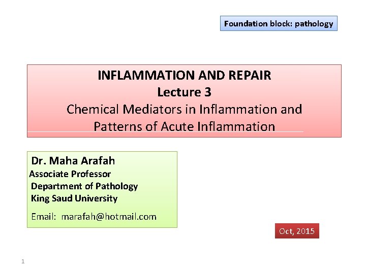 Foundation block: pathology INFLAMMATION AND REPAIR Lecture 3 Chemical Mediators in Inflammation and Patterns