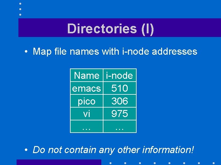 Directories (I) • Map file names with i-node addresses Name i-node emacs 510 pico