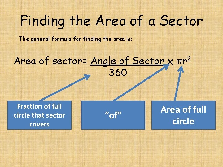 Finding the Area of a Sector The general formula for finding the area is: