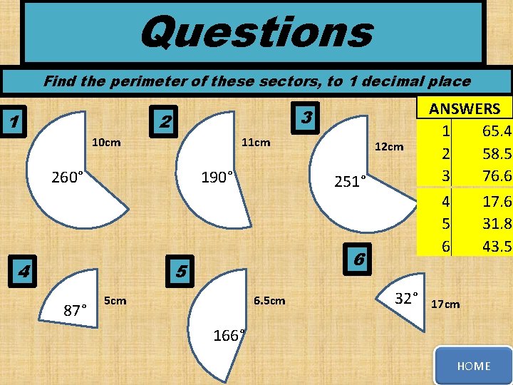 Questions Find the perimeter of these sectors, to 1 decimal place 1 3 2