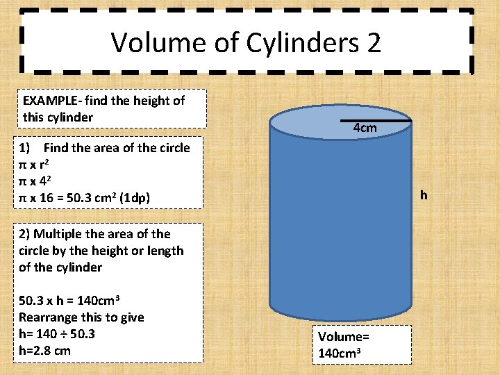 Volume of Cylinders 2 EXAMPLE- find the height of this cylinder 4 cm 1)
