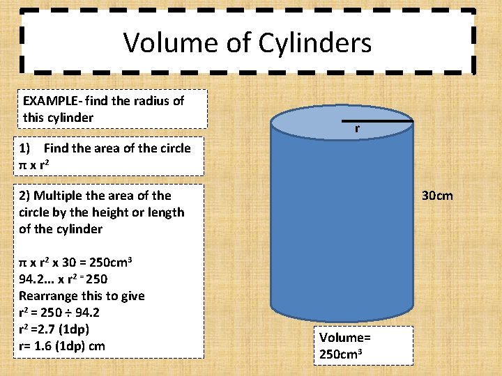 Volume of Cylinders EXAMPLE- find the radius of this cylinder r 1) Find the