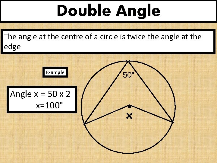 Double Angle The angle at the centre of a circle is twice the angle