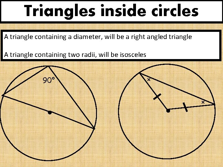 Triangles inside circles A triangle containing a diameter, will be a right angled triangle