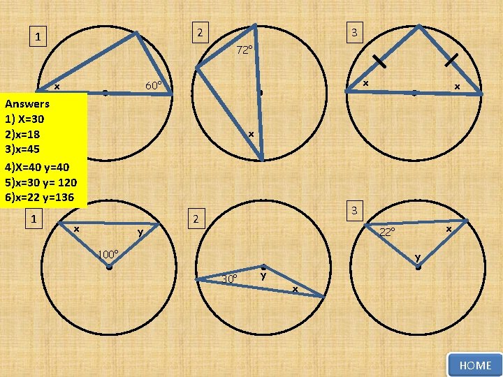 2 1 3 72° x x 60° Answers x 1) X=30 2)x=18 3)x=45 4)X=40