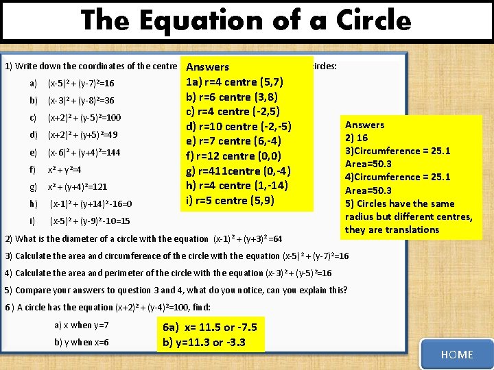 The Equation of a Circle 1) Write down the coordinates of the centre point
