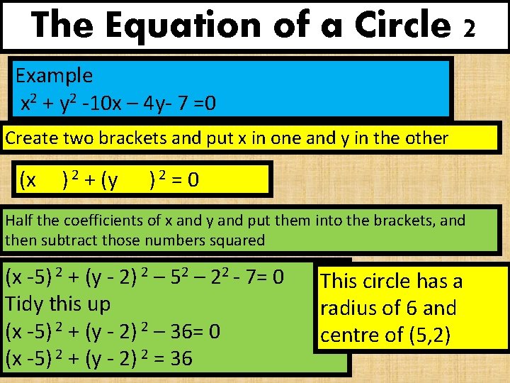 The Equation of a Circle 2 Example x 2 + y 2 -10 x