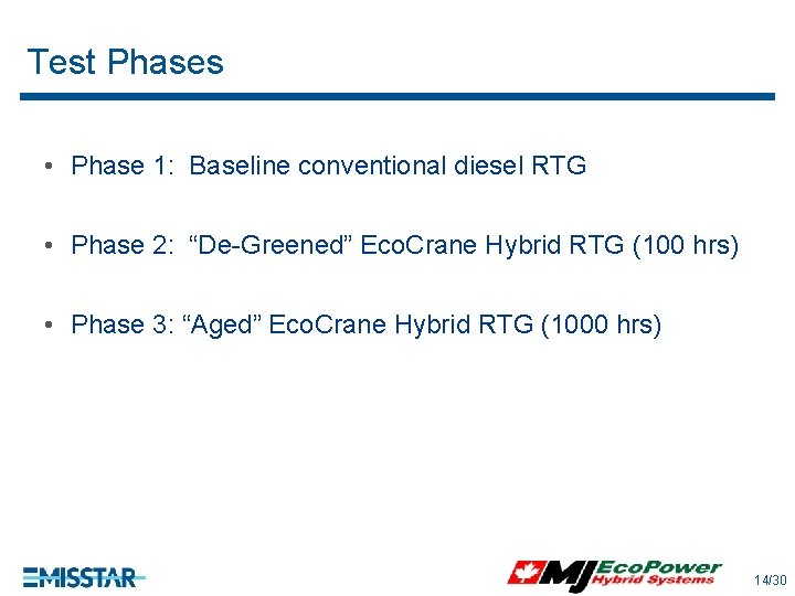 Test Phases • Phase 1: Baseline conventional diesel RTG • Phase 2: “De-Greened” Eco. Test Phases • Phase 1: Baseline conventional diesel RTG • Phase 2: “De-Greened” Eco.
