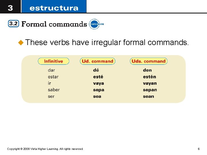 u These verbs have irregular formal commands. Copyright © 2008 Vista Higher Learning. All