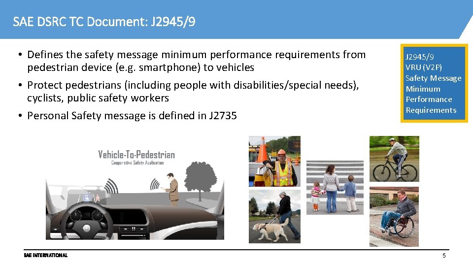 SAE DSRC TC Document: J 2945/9 • Defines the safety message minimum performance requirements