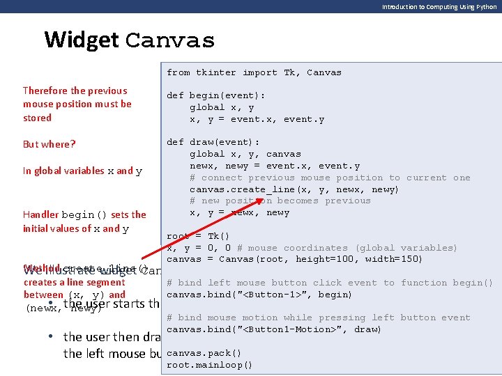 Introduction to Computing Using Python Widget Canvas from tkinter import Tk, Canvas Therefore the