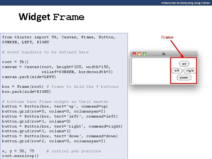 Introduction to Computing Using Python Widget Frame from tkinter import Tk, Canvas, Frame, Button,