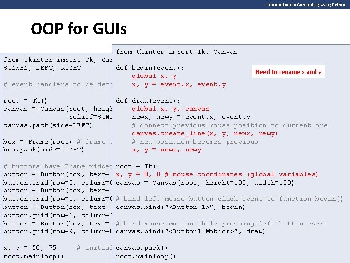 Introduction to Computing Using Python OOP for GUIs from tkinter import Tk, Canvas, Frame,