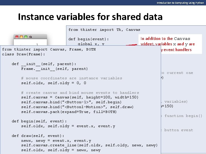 Introduction to Computing Using Python Instance variables for shared data from tkinter import Tk,