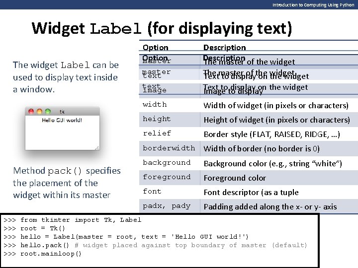 Introduction to Computing Using Python Widget Label (for displaying text) The widget Label can