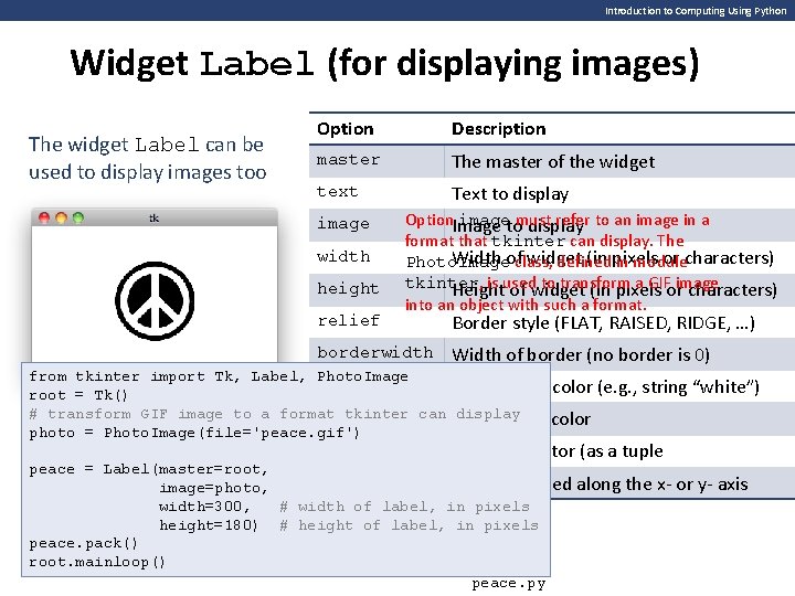Introduction to Computing Using Python Widget Label (for displaying images) The widget Label can