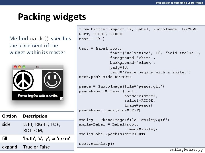 Introduction to Computing Using Python Packing widgets Method pack() specifies the placement of the