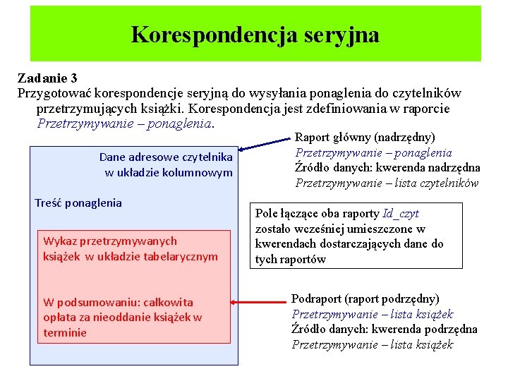 Korespondencja seryjna Zadanie 3 Przygotować korespondencje seryjną do wysyłania ponaglenia do czytelników przetrzymujących książki.