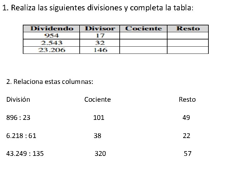 1. Realiza las siguientes divisiones y completa la tabla: 2. Relaciona estas columnas: División