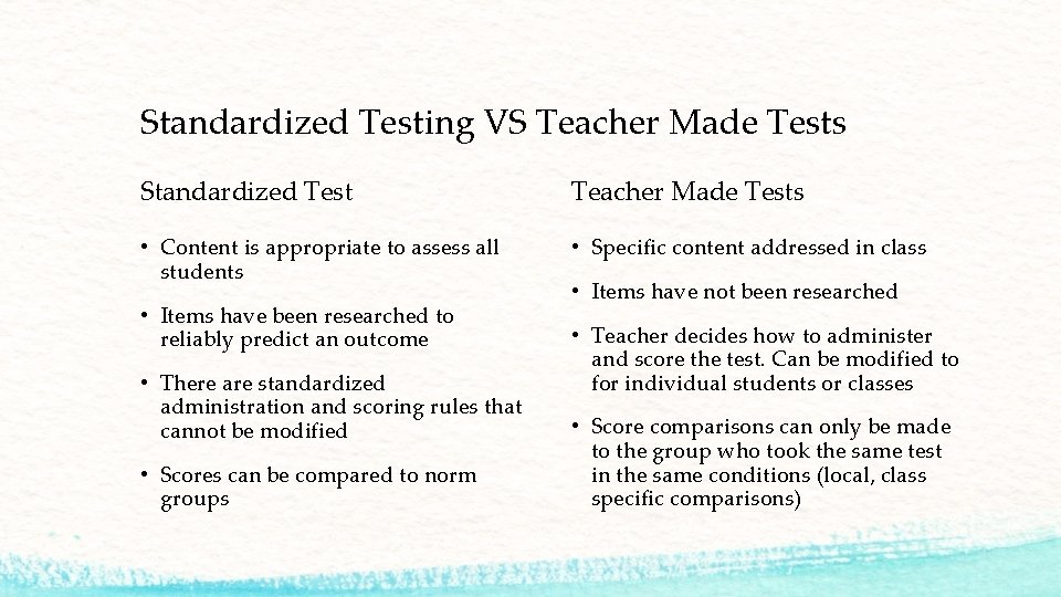 Standardized Testing VS Teacher Made Tests Standardized Test Teacher Made Tests • Content is