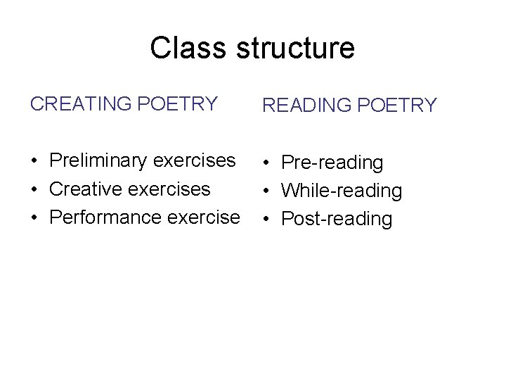 Class structure CREATING POETRY READING POETRY • Preliminary exercises • Creative exercises • Performance