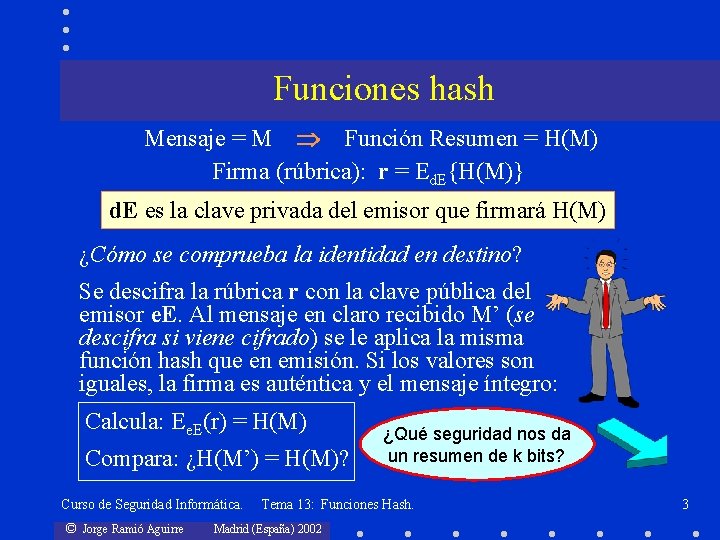 Funciones hash Mensaje = M Función Resumen = H(M) Firma (rúbrica): r = Ed.
