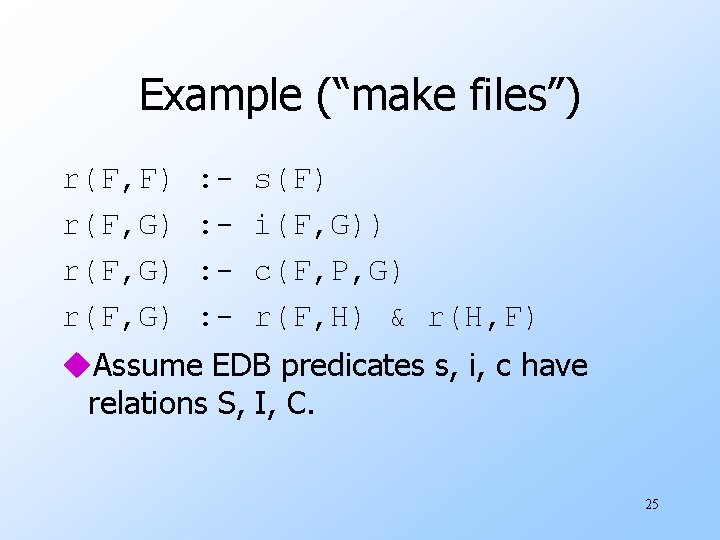 Example (“make files”) r(F, F) r(F, G) : : - s(F) i(F, G)) c(F,