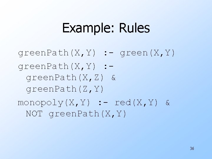 Example: Rules green. Path(X, Y) : - green(X, Y) green. Path(X, Y) : green.