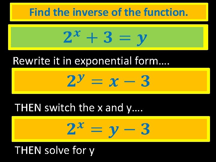 Find the inverse of the function. Rewrite it in exponential form…. THEN switch the Find the inverse of the function. Rewrite it in exponential form…. THEN switch the