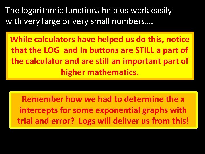 The logarithmic functions help us work easily with very large or very small numbers…. The logarithmic functions help us work easily with very large or very small numbers….