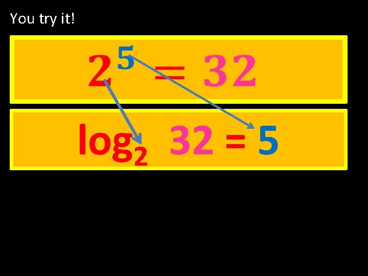 You try it! log 2 32 = 5 You try it! log 2 32 = 5