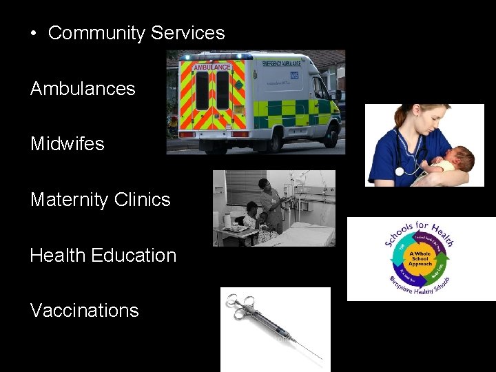  • Community Services Ambulances Midwifes Maternity Clinics Health Education Vaccinations 