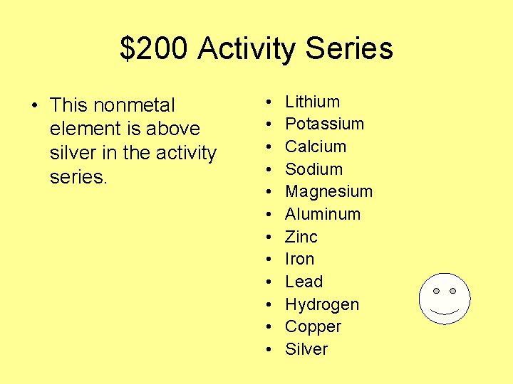 $200 Activity Series • This nonmetal element is above silver in the activity series.