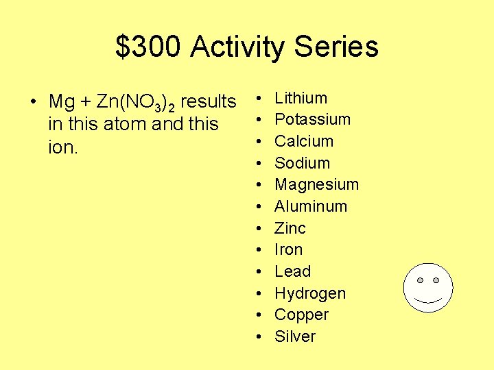 $300 Activity Series • Mg + Zn(NO 3)2 results • Lithium • Potassium in
