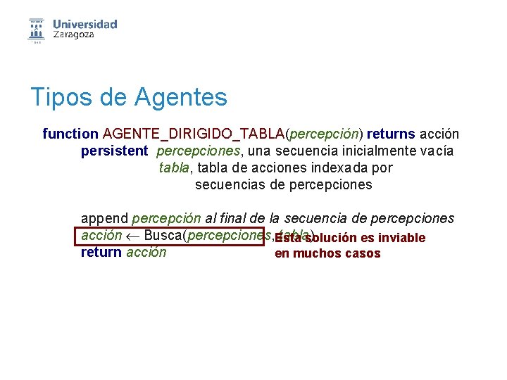 Tipos de Agentes function AGENTE_DIRIGIDO_TABLA(percepción) returns acción persistent percepciones, una secuencia inicialmente vacía tabla,