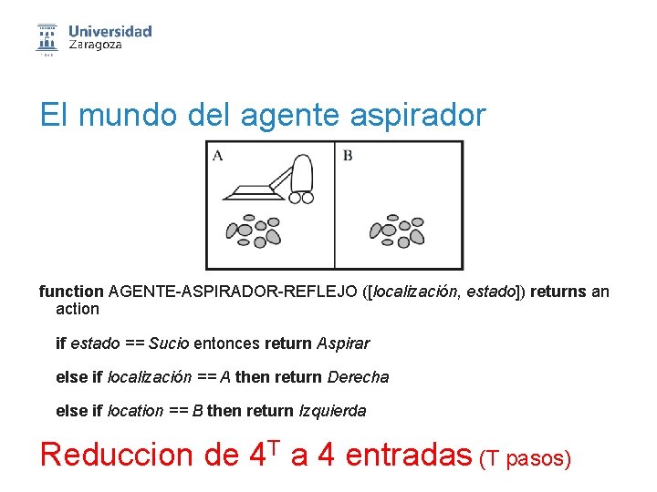 El mundo del agente aspirador function AGENTE-ASPIRADOR-REFLEJO ([localización, estado]) returns an action if estado