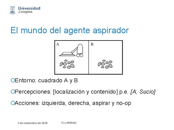 El mundo del agente aspirador ¡Entorno: cuadrado A y B ¡Percepciones: [localización y contenido]