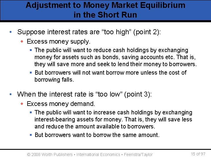 Adjustment to Money Market Equilibrium in the Short Run • Suppose interest rates are