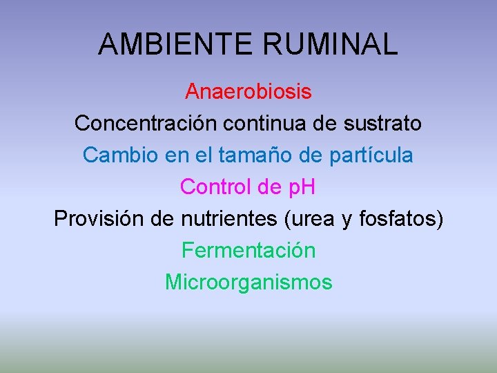 AMBIENTE RUMINAL Anaerobiosis Concentración continua de sustrato Cambio en el tamaño de partícula Control