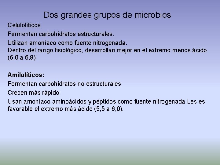 Dos grandes grupos de microbios Celulolíticos Fermentan carbohidratos estructurales. Utilizan amoníaco como fuente nitrogenada.