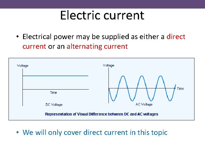 Electric current • Electrical power may be supplied as either a direct current or
