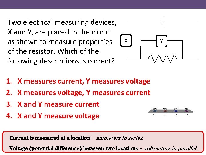 Two electrical measuring devices, X and Y, are placed in the circuit as shown